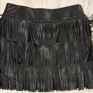 DKNY Black Leather Fringe Mini Skirt